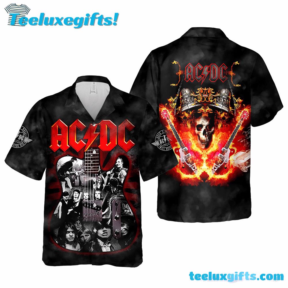 ACDC Merch Art Guitar Shape And Skull Art Summer Aloha Hawaiian Shirt
