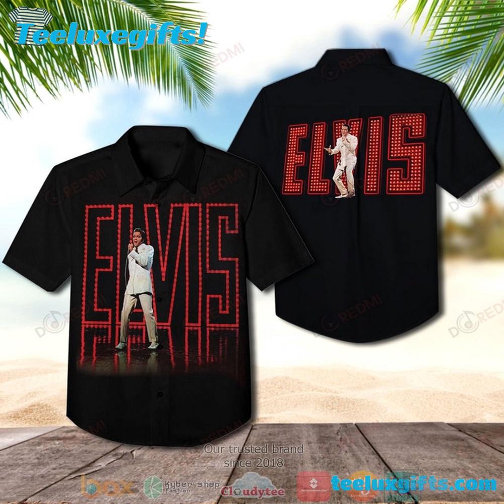 Black Elvis Hawaiian Shirt with Red Lights Design