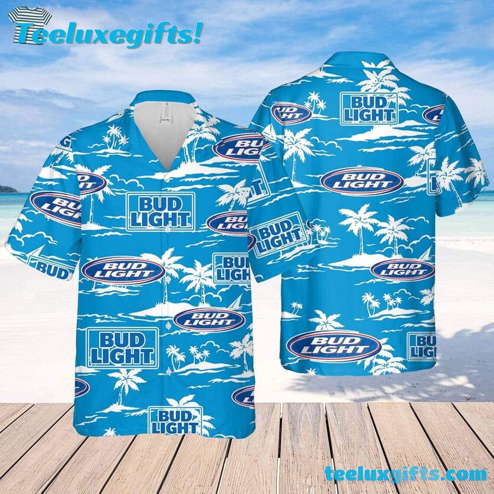 Bud Light Beach Pattern On Blue Theme Hawaiian Shirt