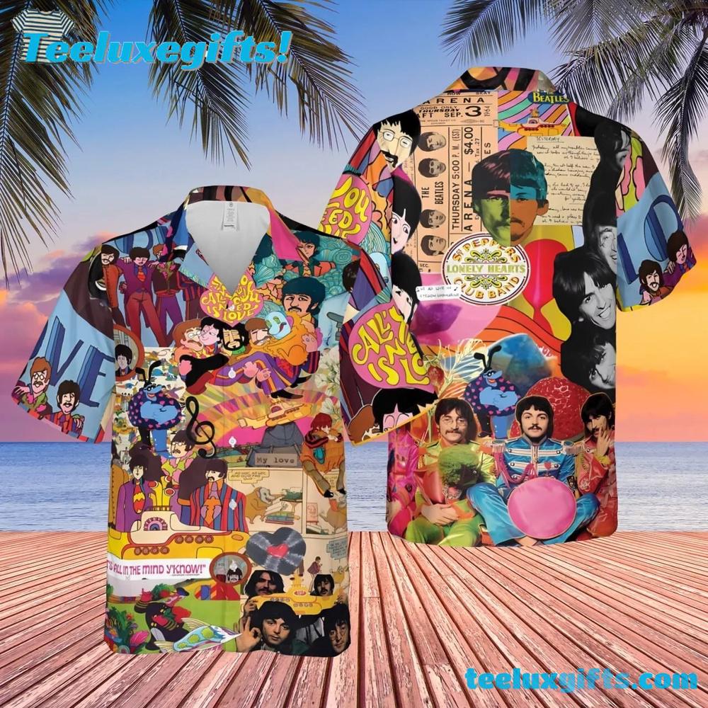Colorful Beatles Cartoon and Photo Collage Summer Hawaiian Shirt