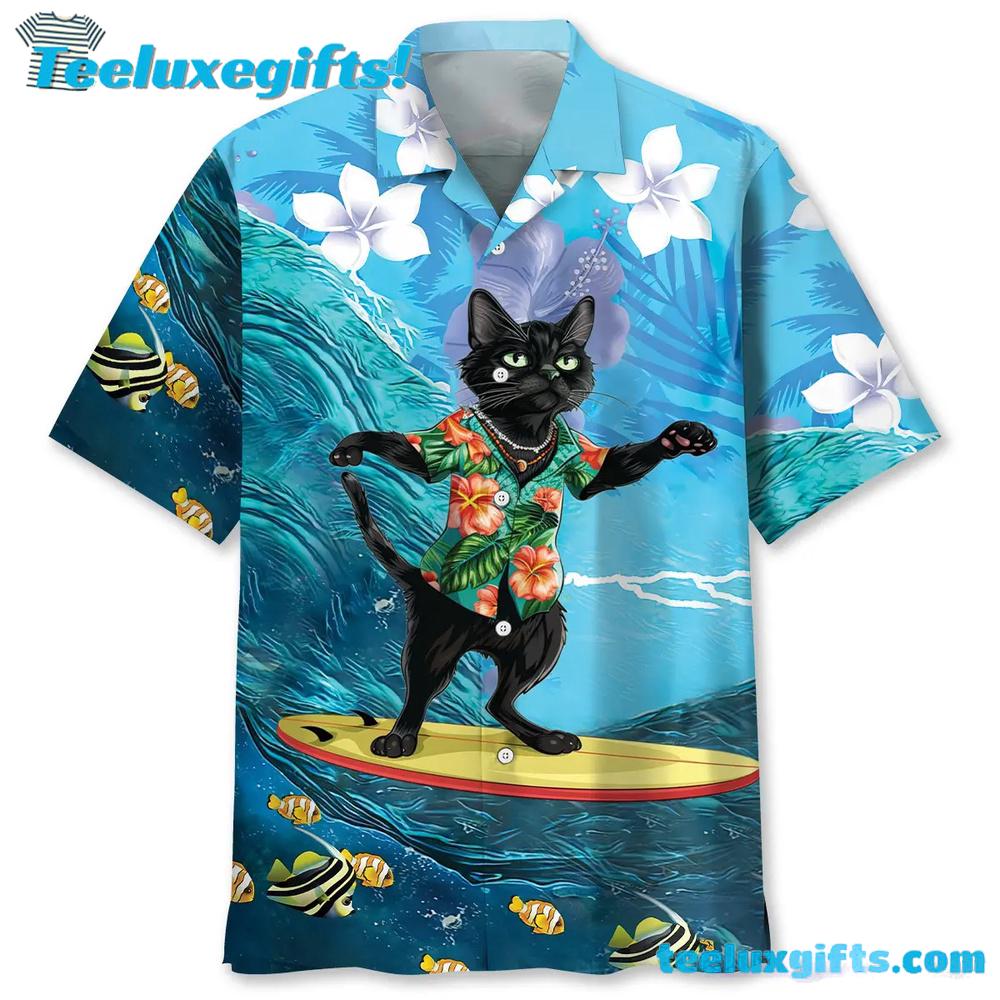Funny Black Cat Surfing Hibiscus Hawaiian Shirt Funny Black Cat Surfing Hibiscus Hawaiian Shirt
