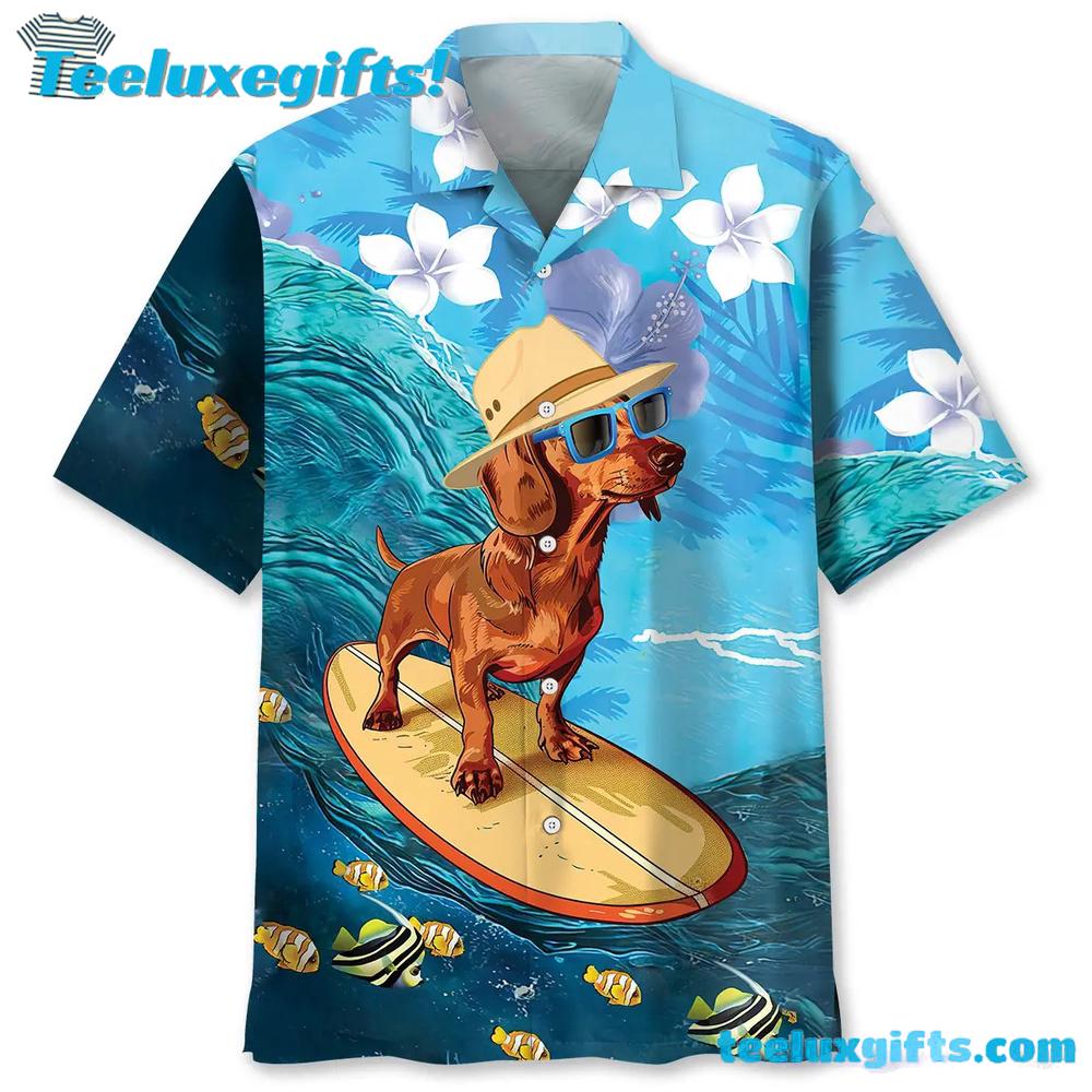 Funny Dachshund Surfing Hibiscus Hawaiian Shirt Funny Dachshund Surfing Hibiscus Hawaiian Shirt