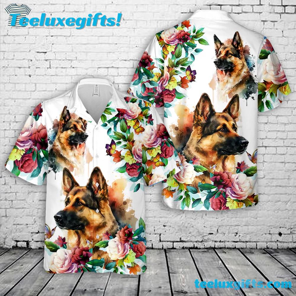 German Shepherd Floral Pattern Hawaiian Shirt