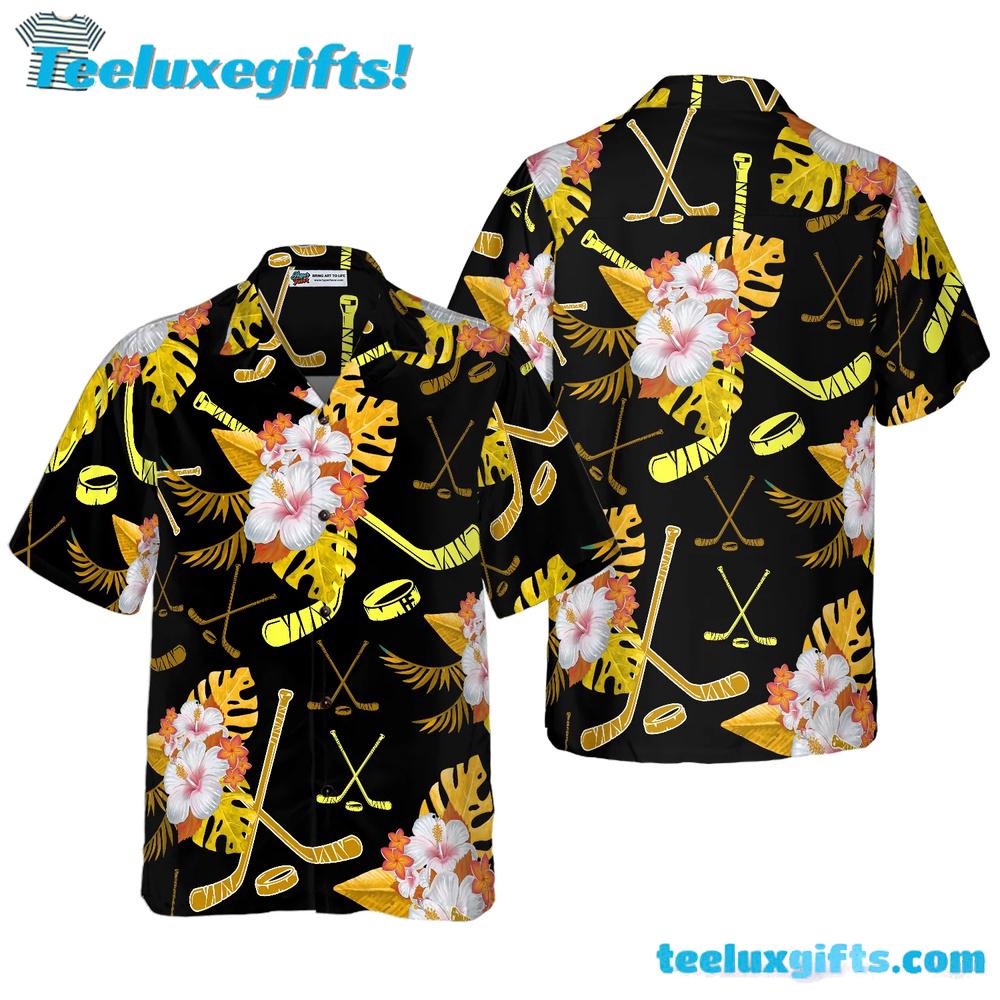 Hockey Tropical Black & Yellow Hawaiian Shirt