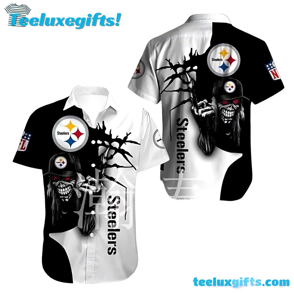 Iron Maiden Pittsburgh Steelers Black And White Summer Aloha Hawaiian Shirt