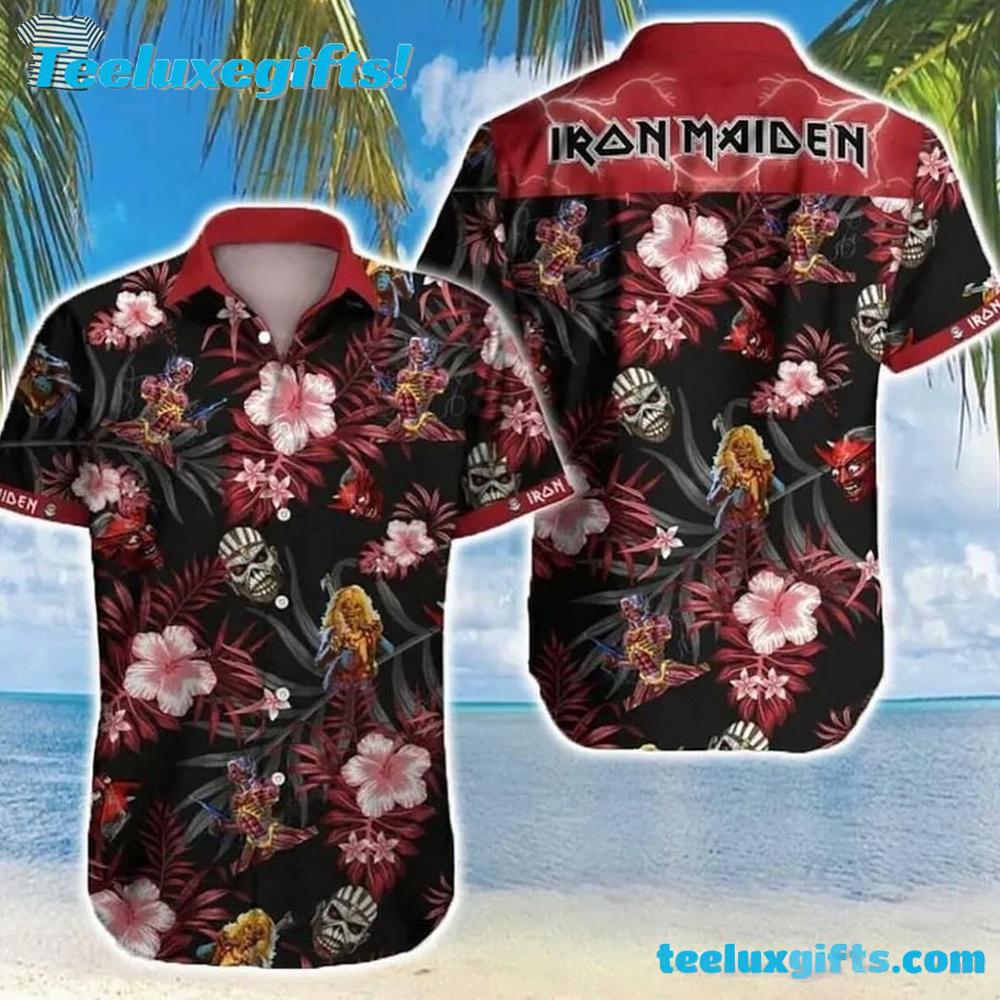 Iron Maiden Tropical Paradise Floral Skull Summer Aloha Hawaiian Shirt