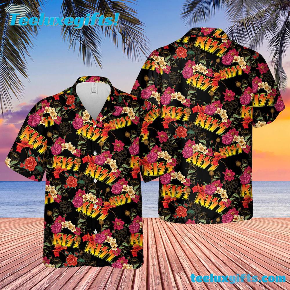 Kiss Band With Flowers Summer Aloha Hawaiian Shirt