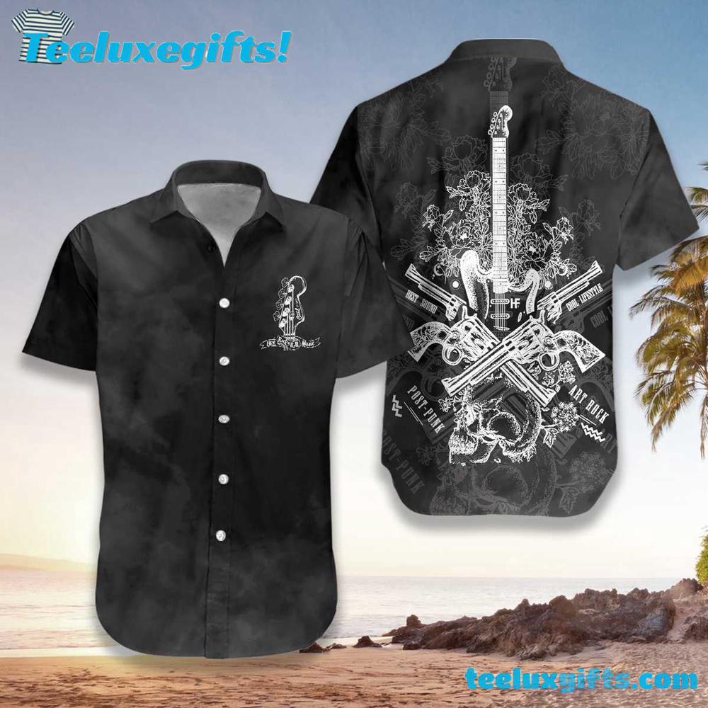 Live Rock And Roll Black And Smoke Guitar Hawaiian Shirt Live Rock And Roll Black And Smoke Guitar Hawaiian Shirt