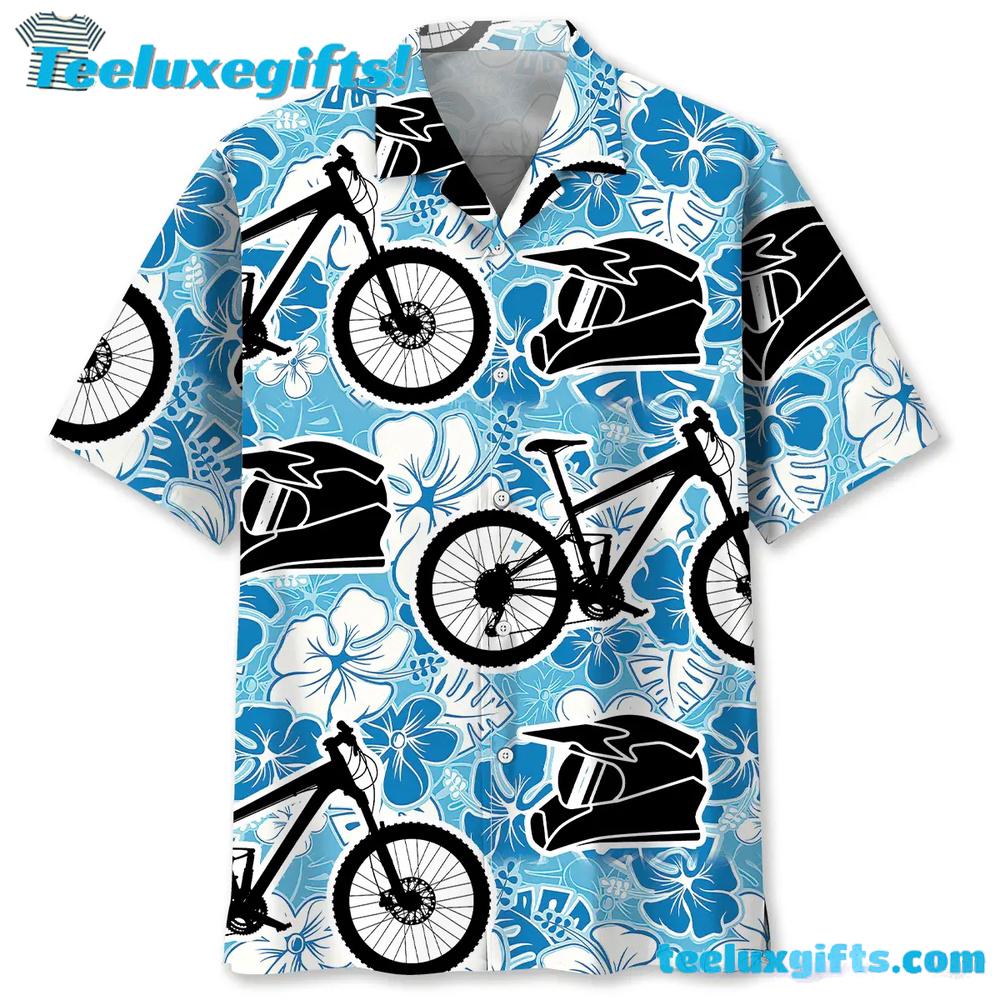 Mountain Bike Blue White Hibicus Hawaiian Shirt