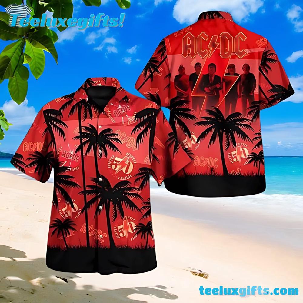 Red & Black ACDC Palm Tree Summer Aloha Hawaiian Shirt