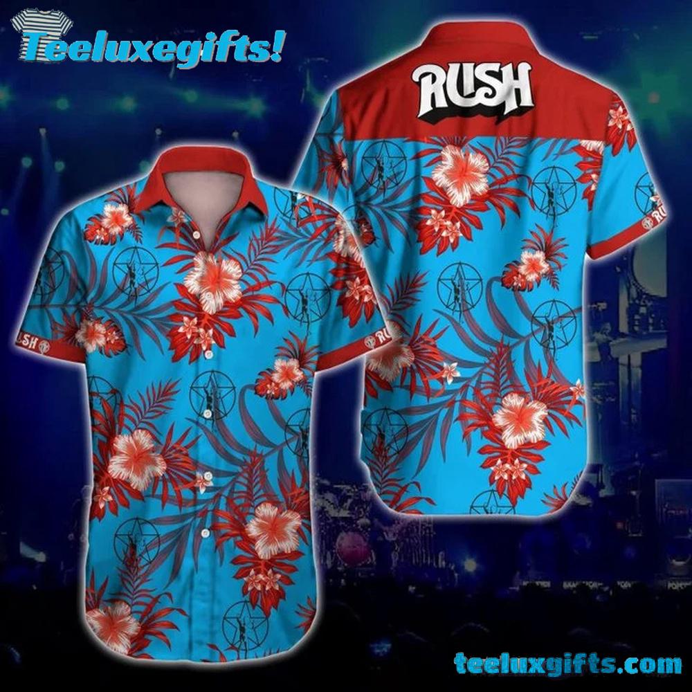 Red Flowers on Blue Rush Rock Music Band Summer Aloha Hawaiian Shirt