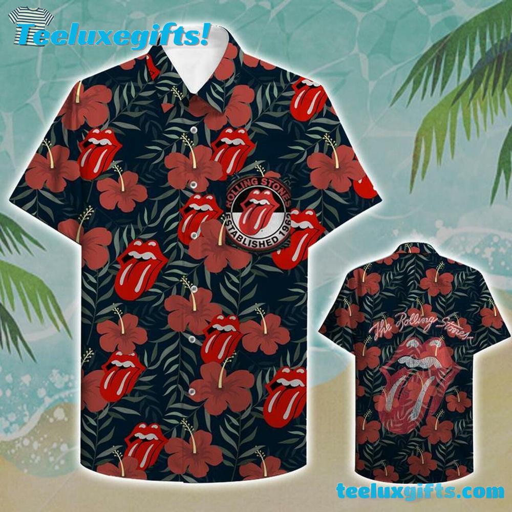 Rolling Stones Lips Tongue Floral Summer Aloha Hawaiian Shirt