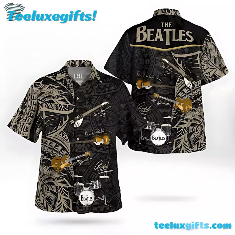 The Beatles Tribal Pattern Summer Hawaiian Shirt with Guitars