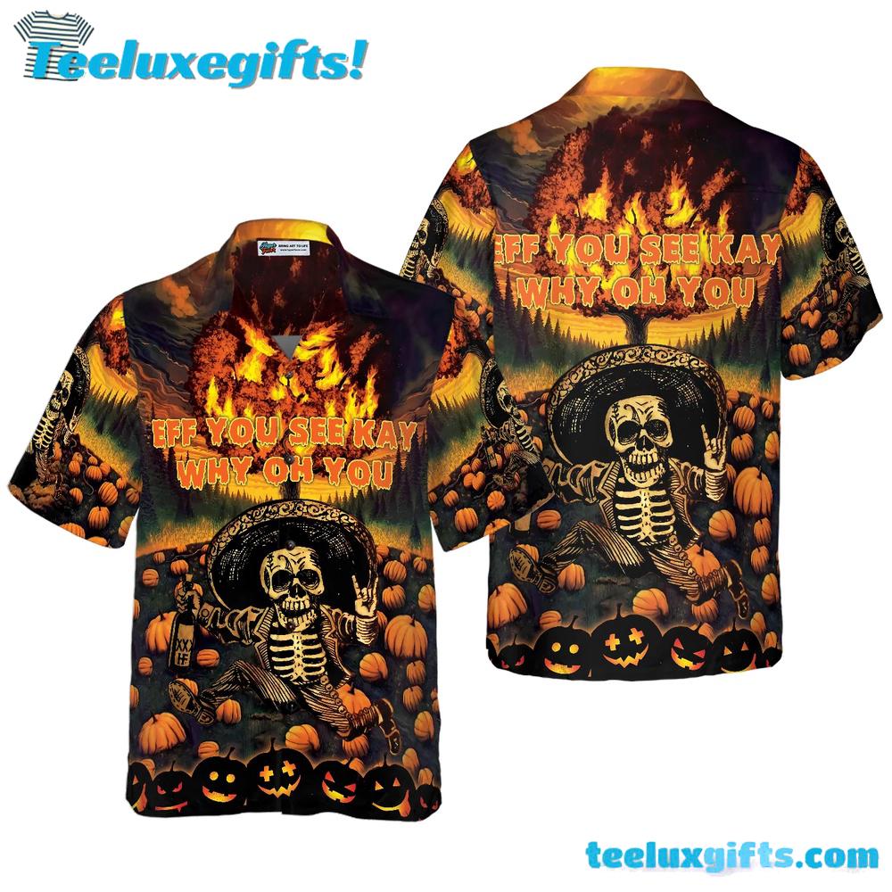 The Burning Pumpkin Sky & Skeleton Halloween Hawaiian Shirt