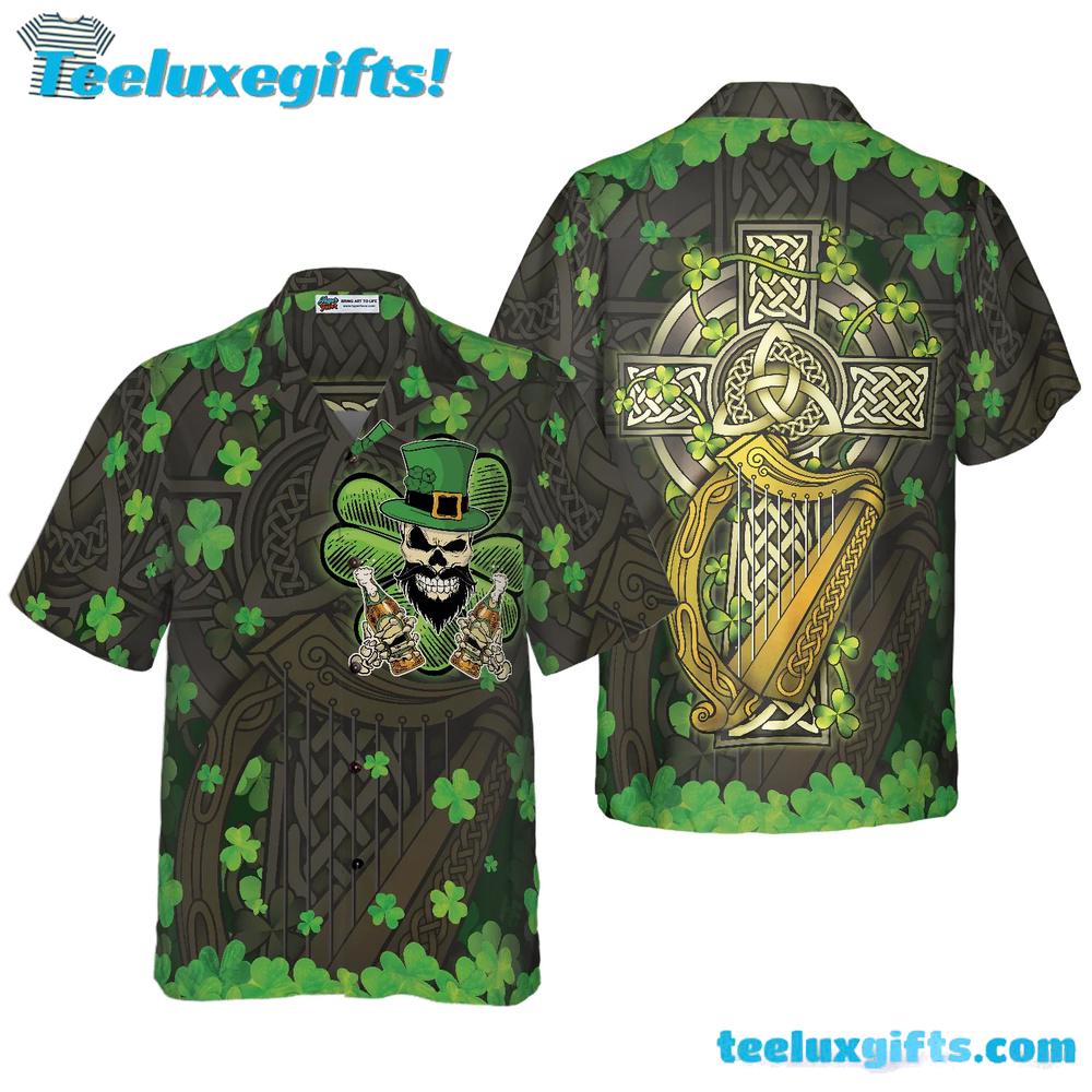 The Celtic Cross Harp Irish Skull Leprechaun Hawaiian Shirt
