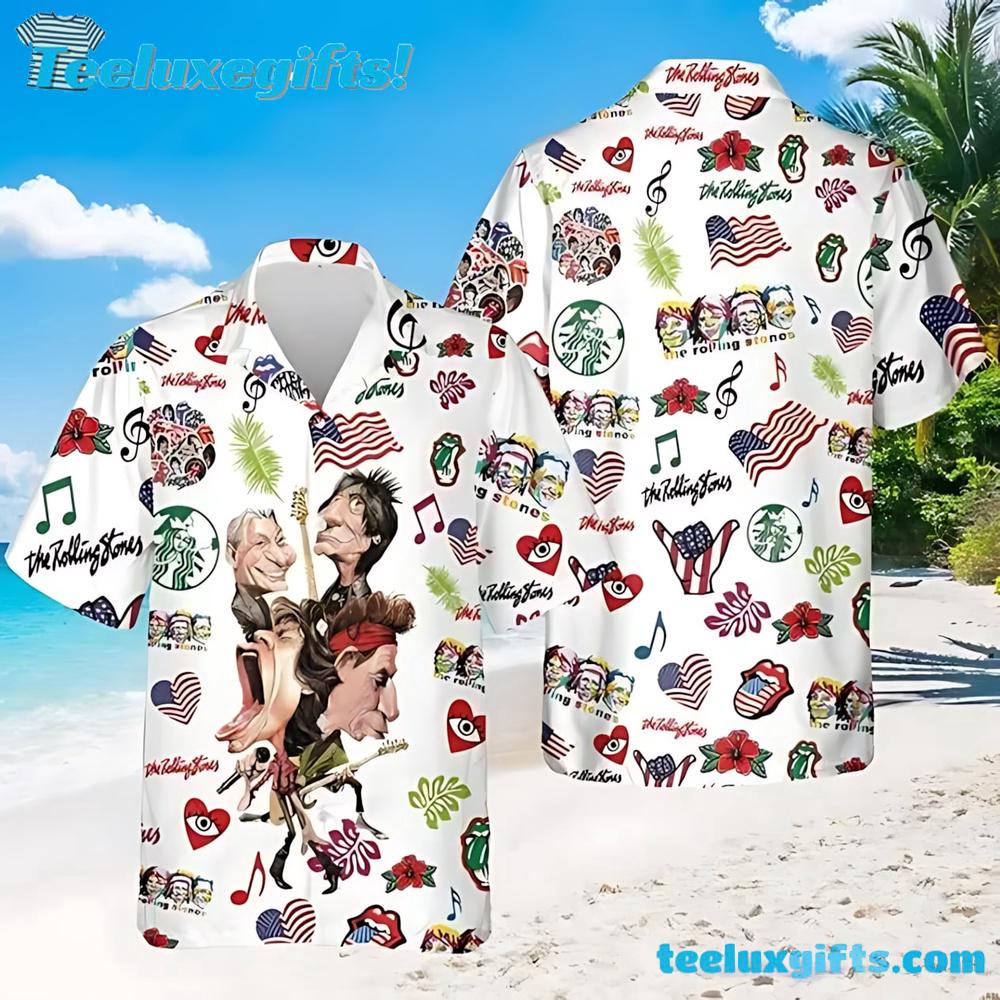 Tropical Print Rolling Stones Button Down Summer Aloha Hawaiian Shirt