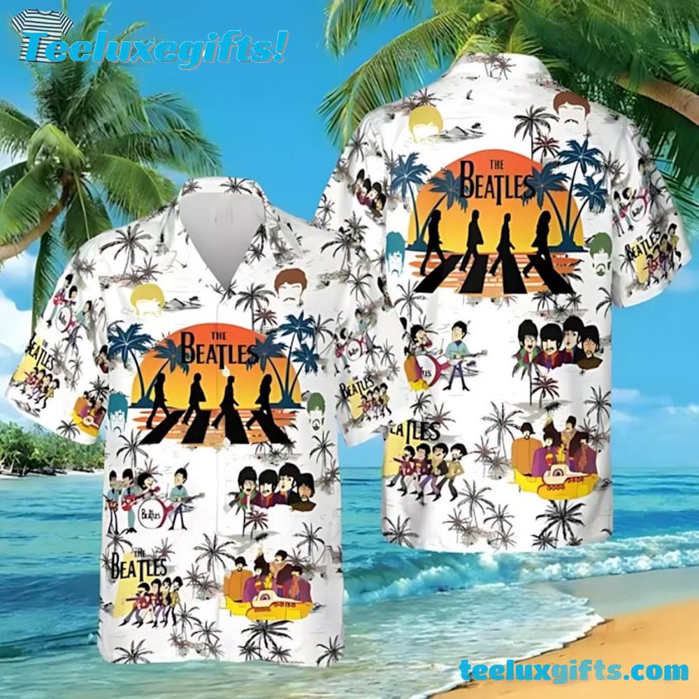 White Beatles Summer Hawaiian Shirt with Cartoon Band Members