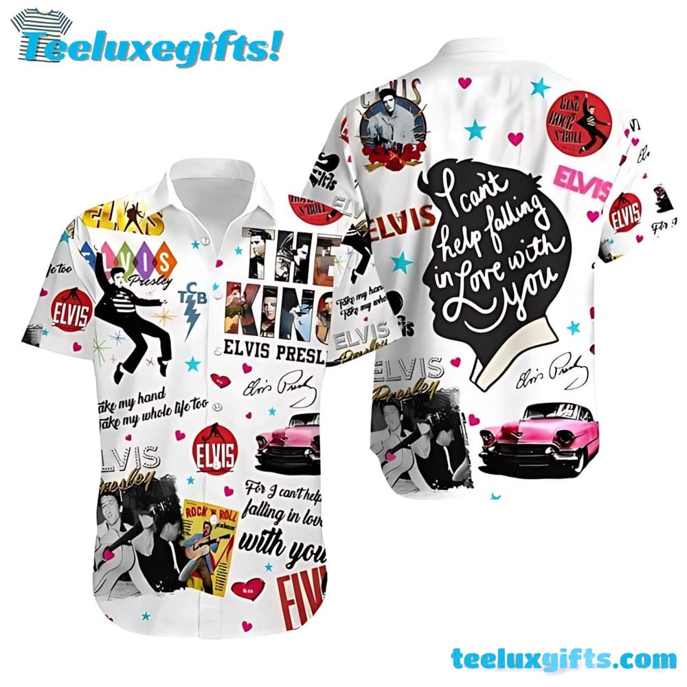 White Elvis Hawaiian Shirt with Photos and Lyrics